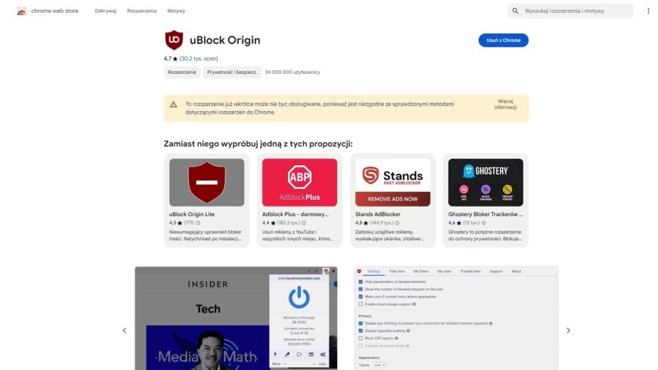 Koniec wsparcia dla uBlock w przeglądarce Chrome. Użytkownicy mają dwa wyjścia