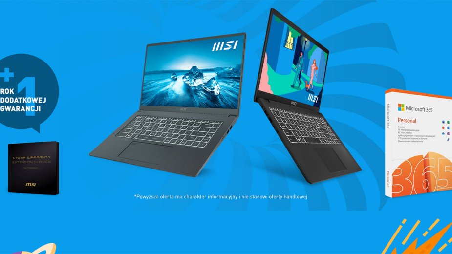 Kup wybrany laptop MSI i otrzymaj Microsoft 365 Personal oraz rok dodatkowej gwarancji