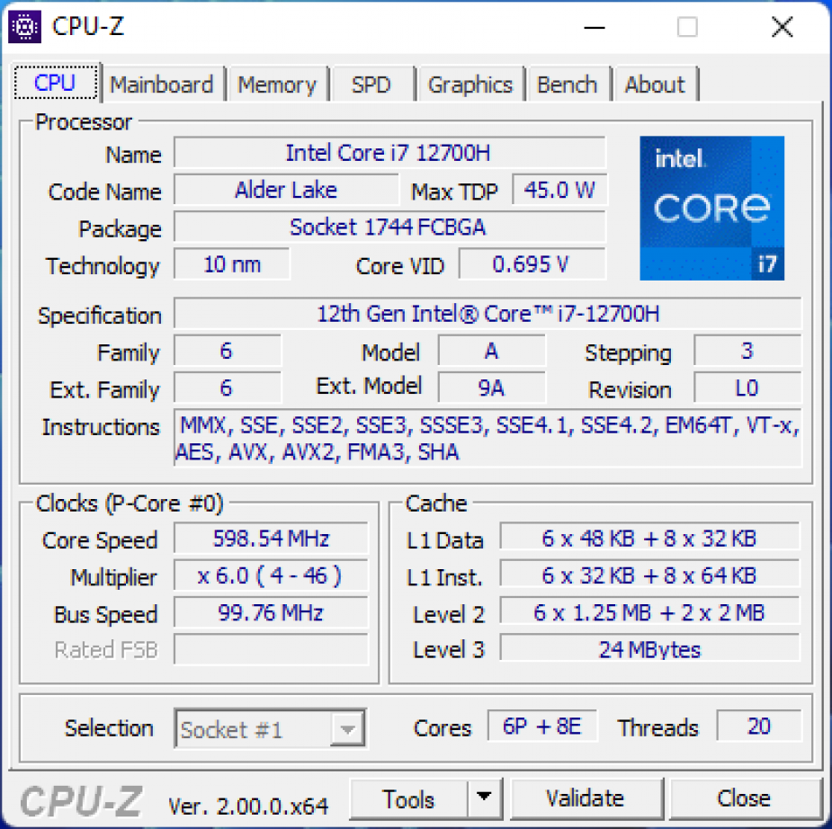 Intel Core i7-12700H CPU-Z
