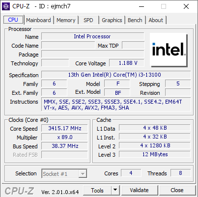 Intel Core i3-13100 w CPU-Z