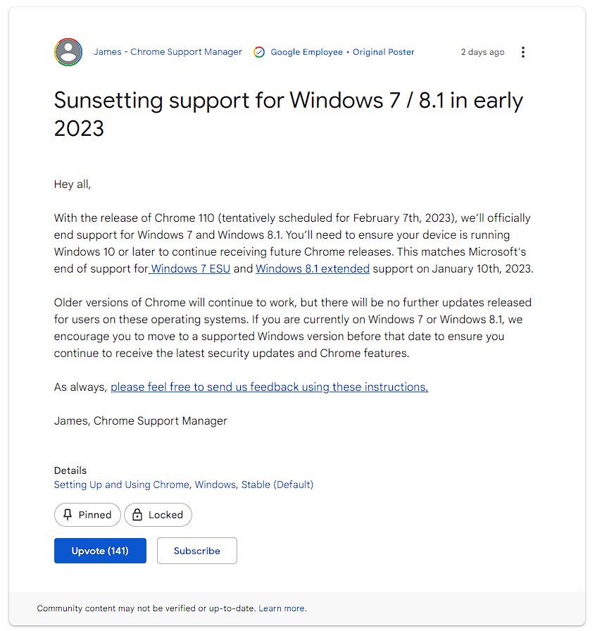 Koniec wsparcia Google Chrome dla Windows 7 i 8.1
