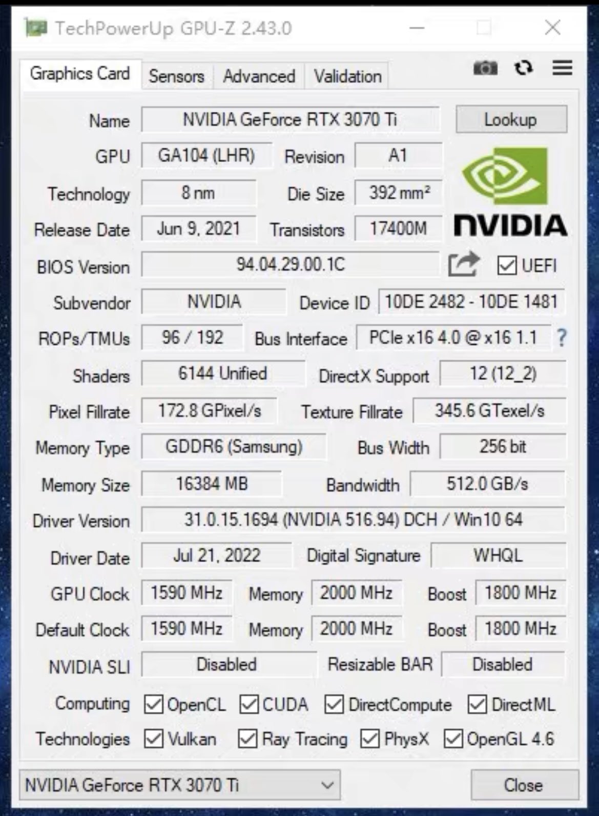 RTX 3070 Ti 16 GB w GPU-Z