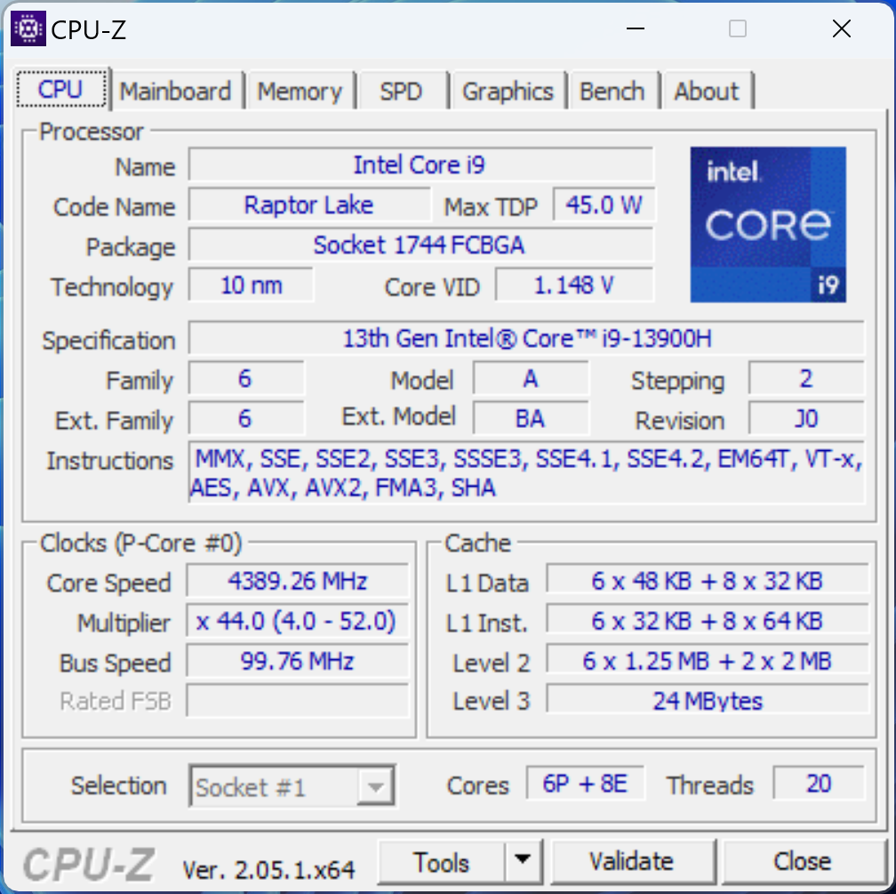 CPU-Z: Intel Core i9-13900H
