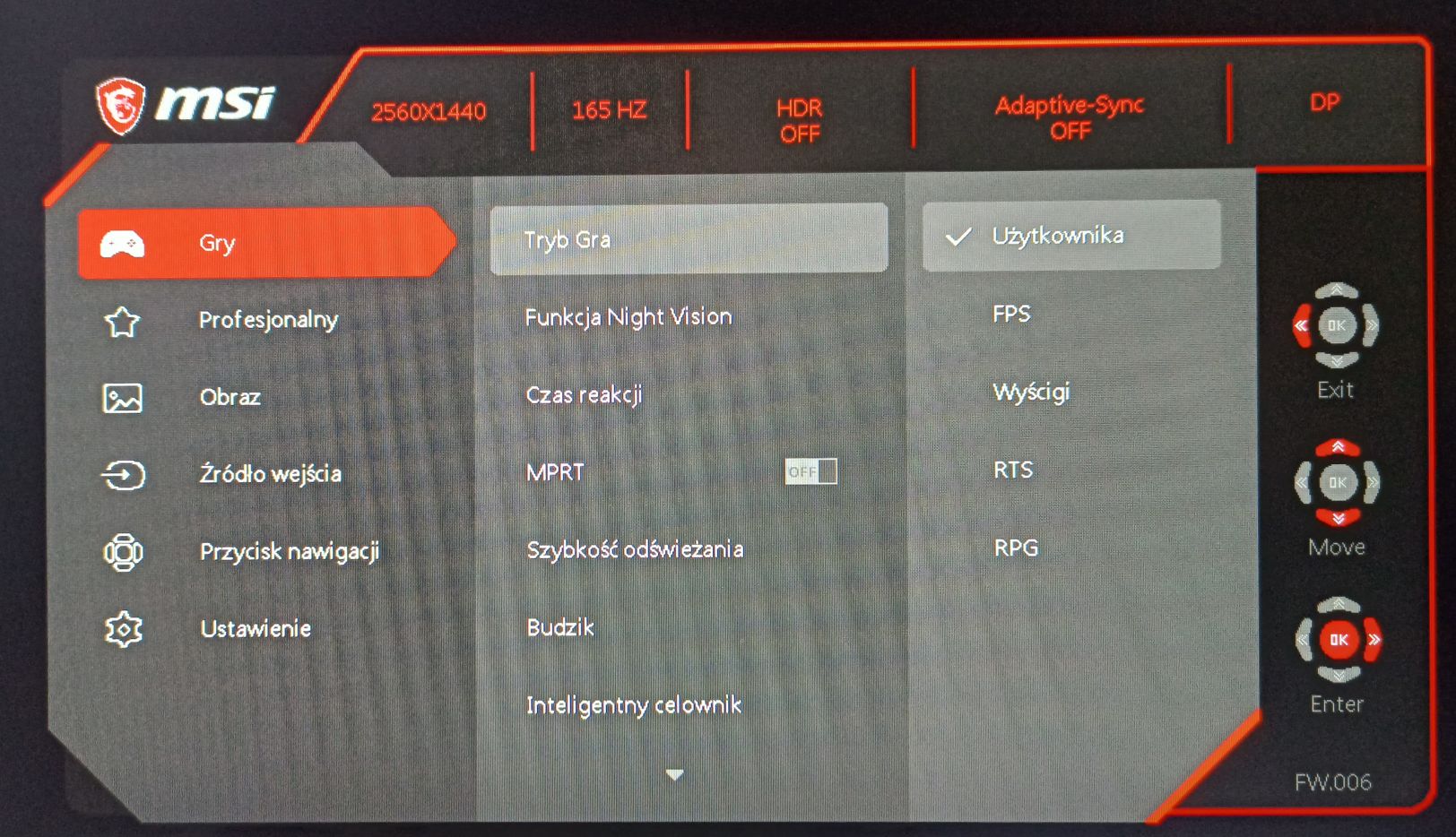 MSI G272QPF - menu ekranowe (OSD)