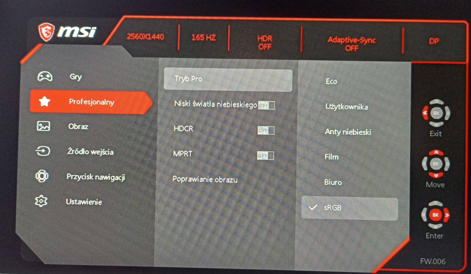 MSI G272QPF - menu ekranowe (OSD)