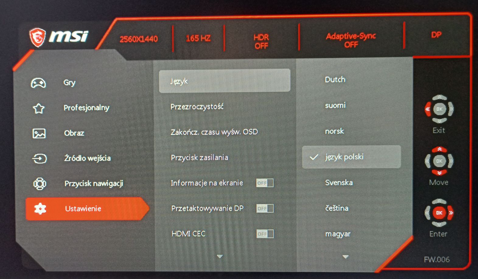 MSI G272QPF - menu ekranowe (OSD)