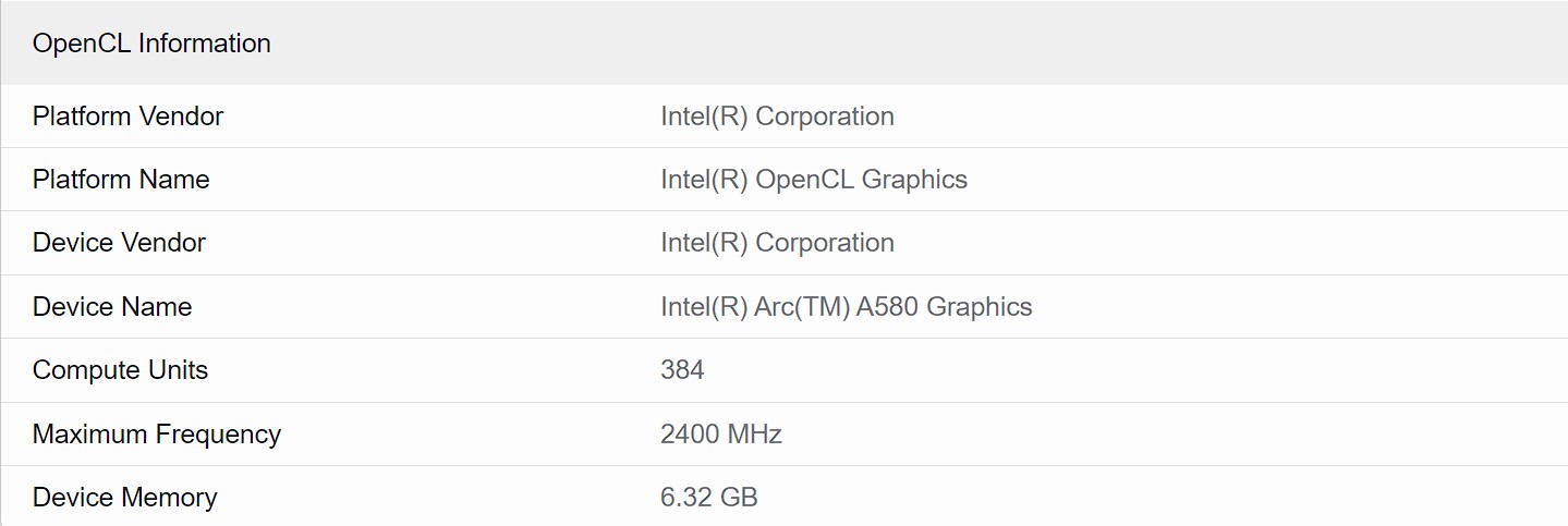 Intel Arc A580 - specyfikacja z Geekbench