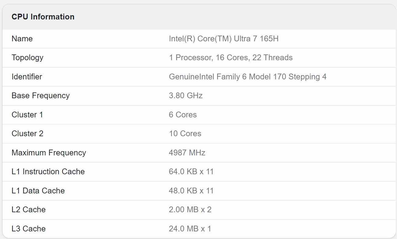 Intel Core Ultra 7 165H - wyniki