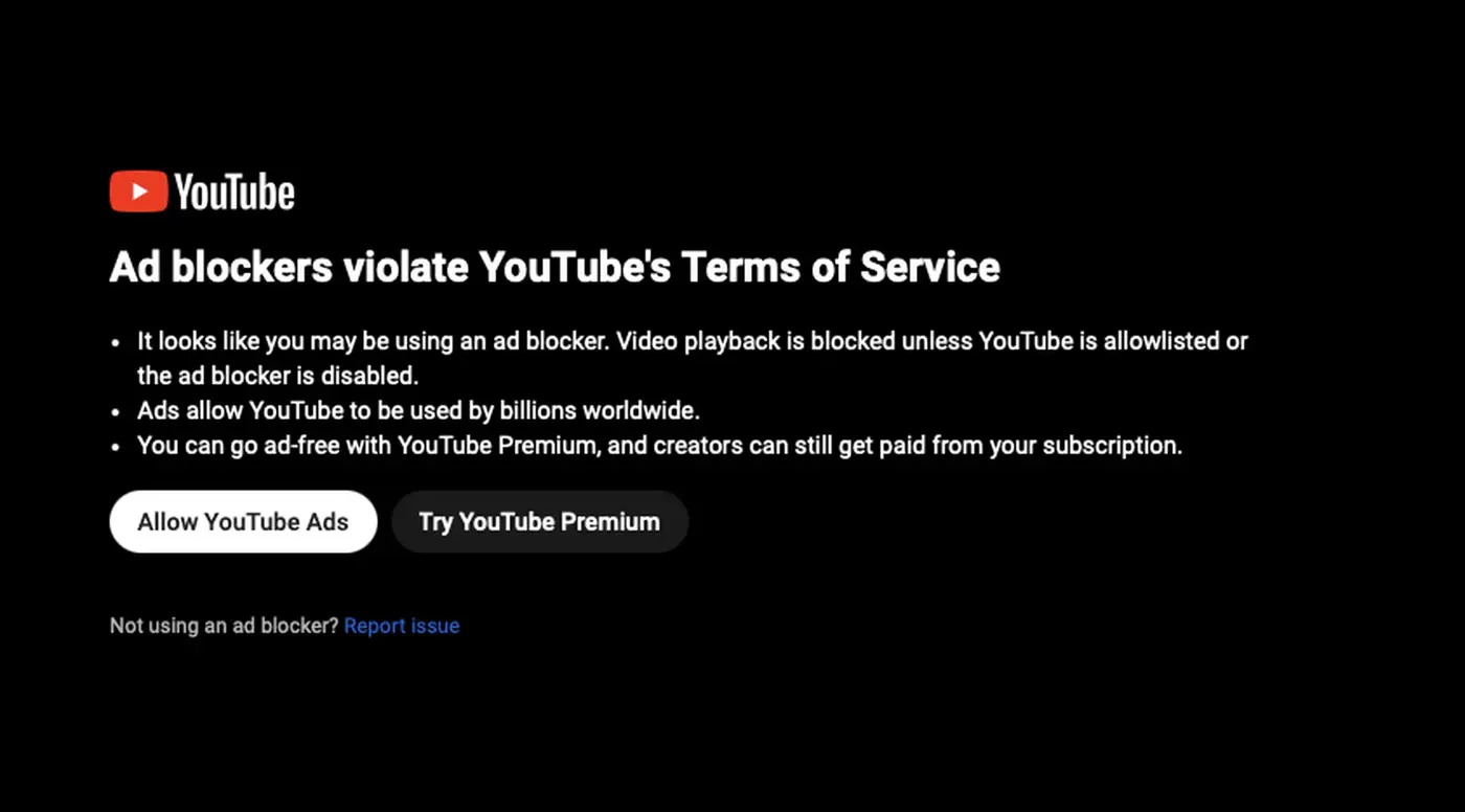 YouTube blokuje dostęp do filmów użytownikom z ad blockami