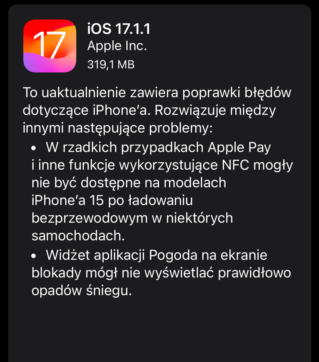 Aktualizacja do iOS 17.1.1