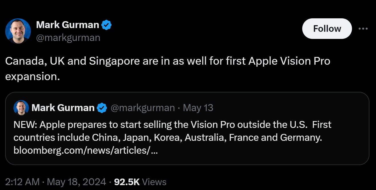 Vision Pro w innych krajach