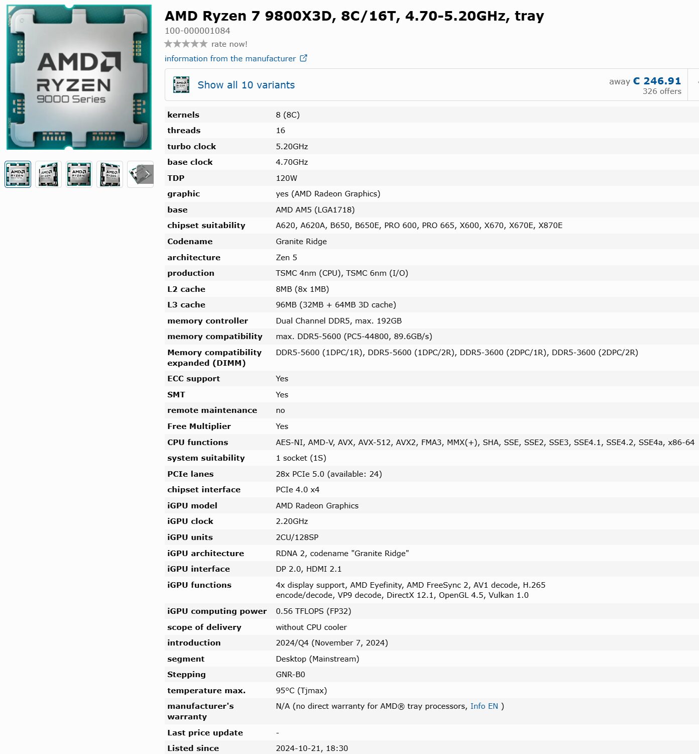 Specyfikacja Ryzen 9800X3D 