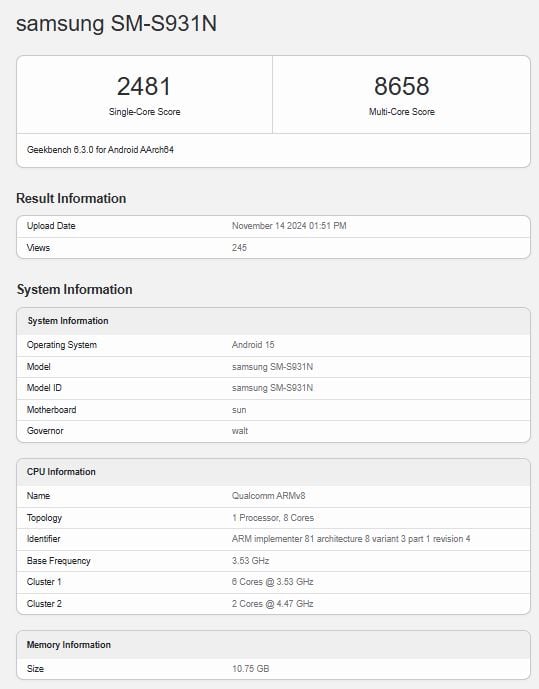 Samsung Galaxy S25 Geekbench