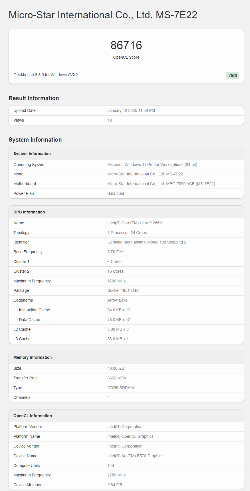 Intel Arc B570 w Geekbench