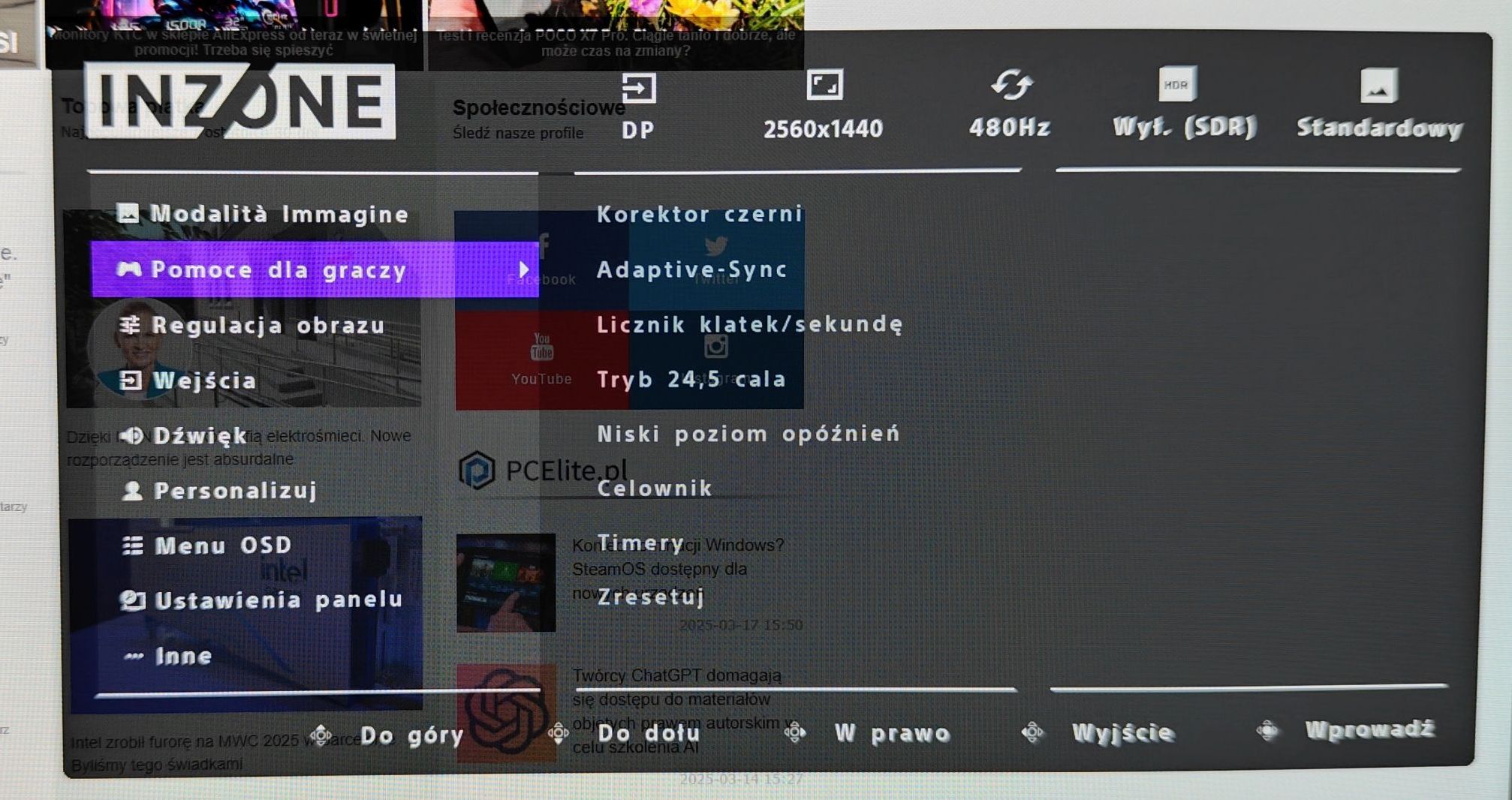 Sony Inzone M10S - menu ekranowe (OSD) i aplikacja