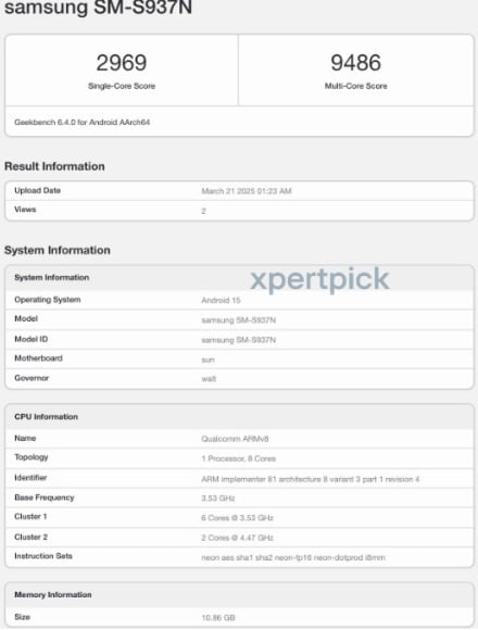 Samsung Galaxy S25 Edge benchmark Geekbench