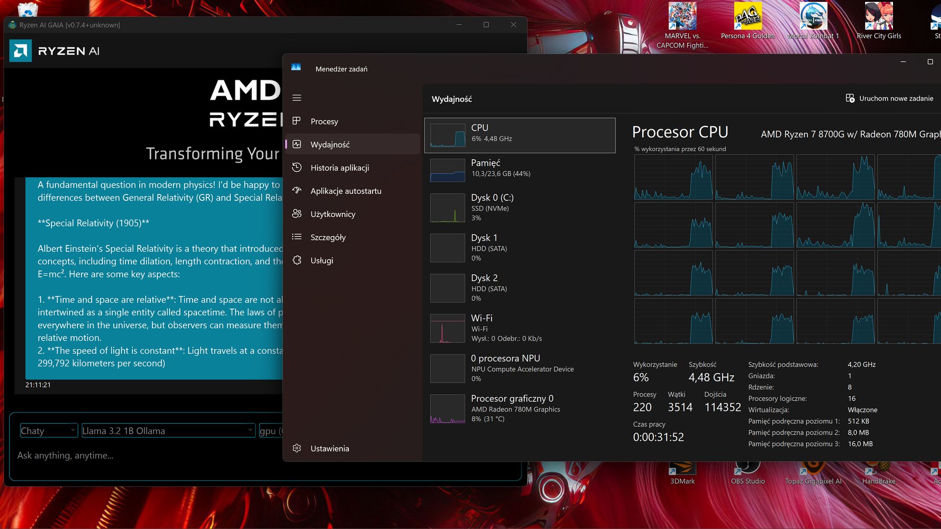 Obciążenie CPU AMD GAIA Ollama