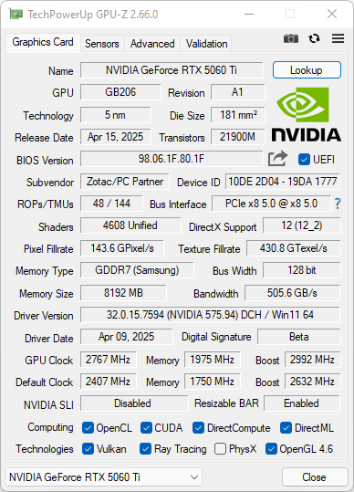 Test NVIDIA GeForce RTX 5060 Ti 8 GB
