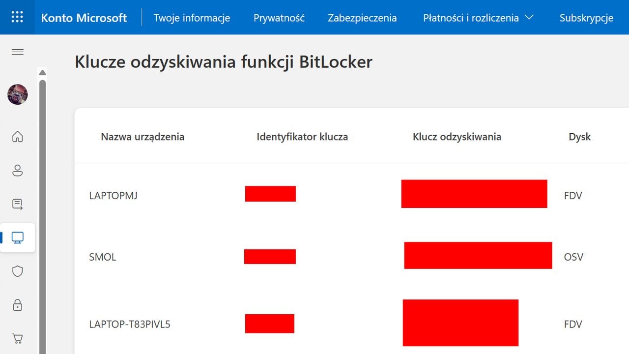 Odzyskiwanie kluczy szyfrujących za pomocą konta Microsoft