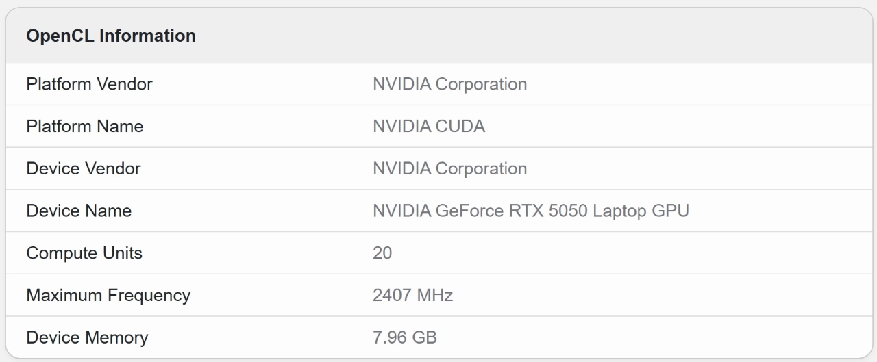 RTX 5050 laptop - specyfikacja