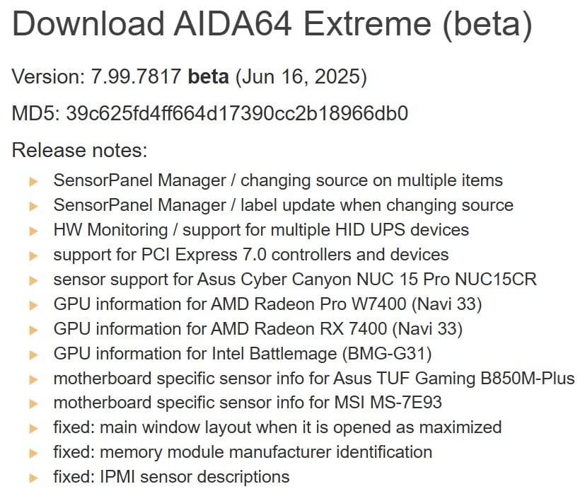 Zmiany w AIDA64 Extreme