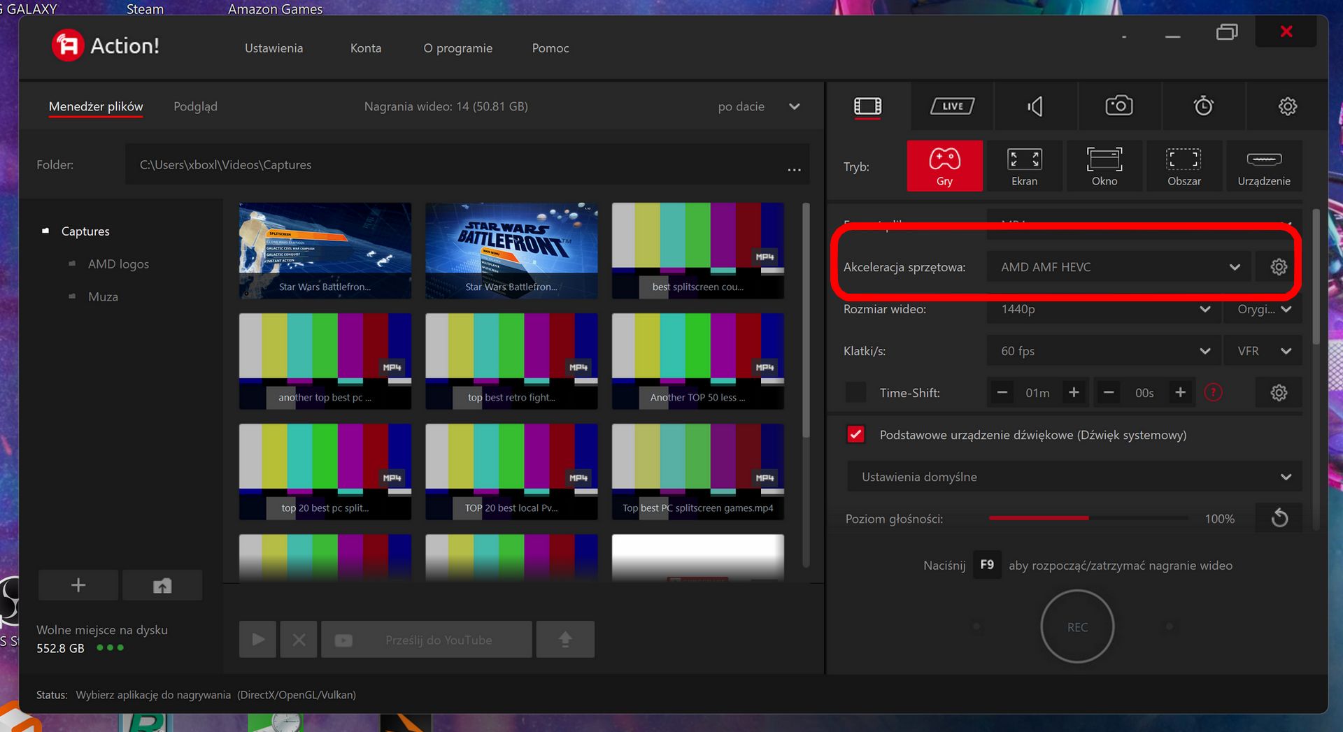 Ustawienia kodowania wideo w Action!
