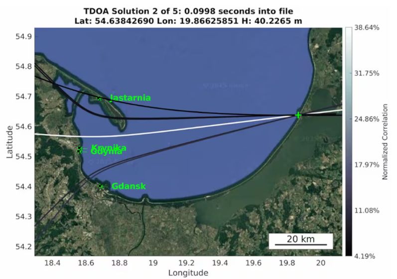 Mapa przedstawia przybliżoną trajektorię rosyjskich zakłóceń GNSS pochodzących z Bałtijska w Kaliningradzie. Akademia Morska w Gdyni.