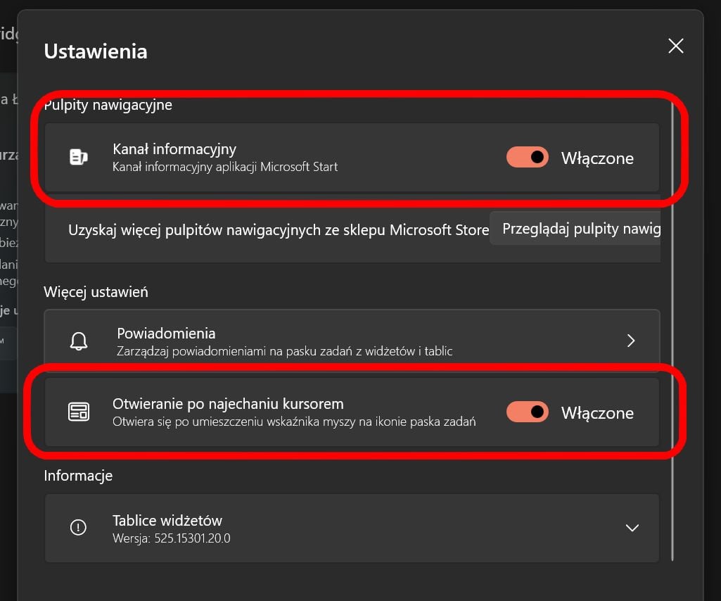 Ustawienia kanału informacyjnego Windows 11