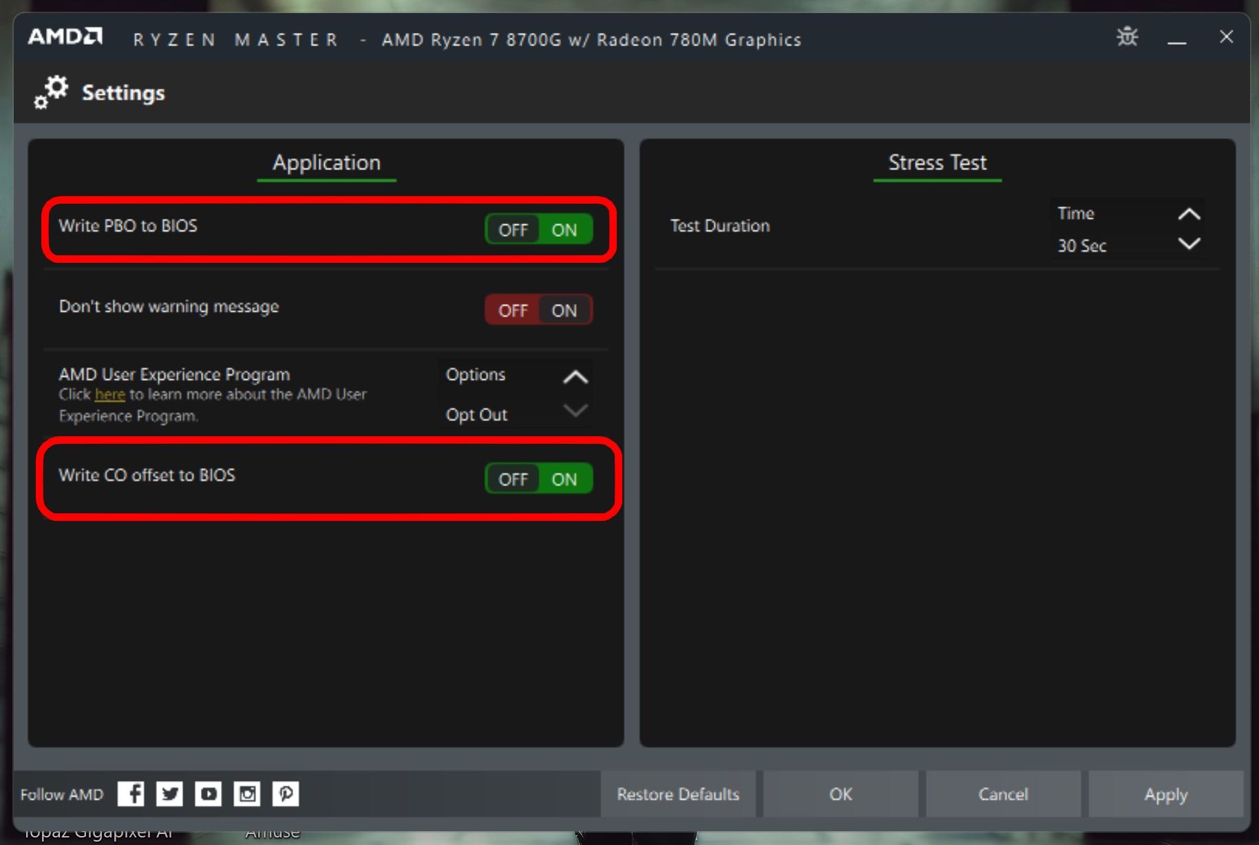 Ryzen Master - ustawienia