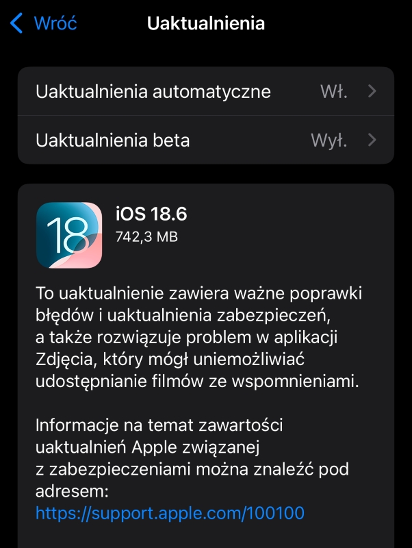 Aktualizacja iOS 18.6