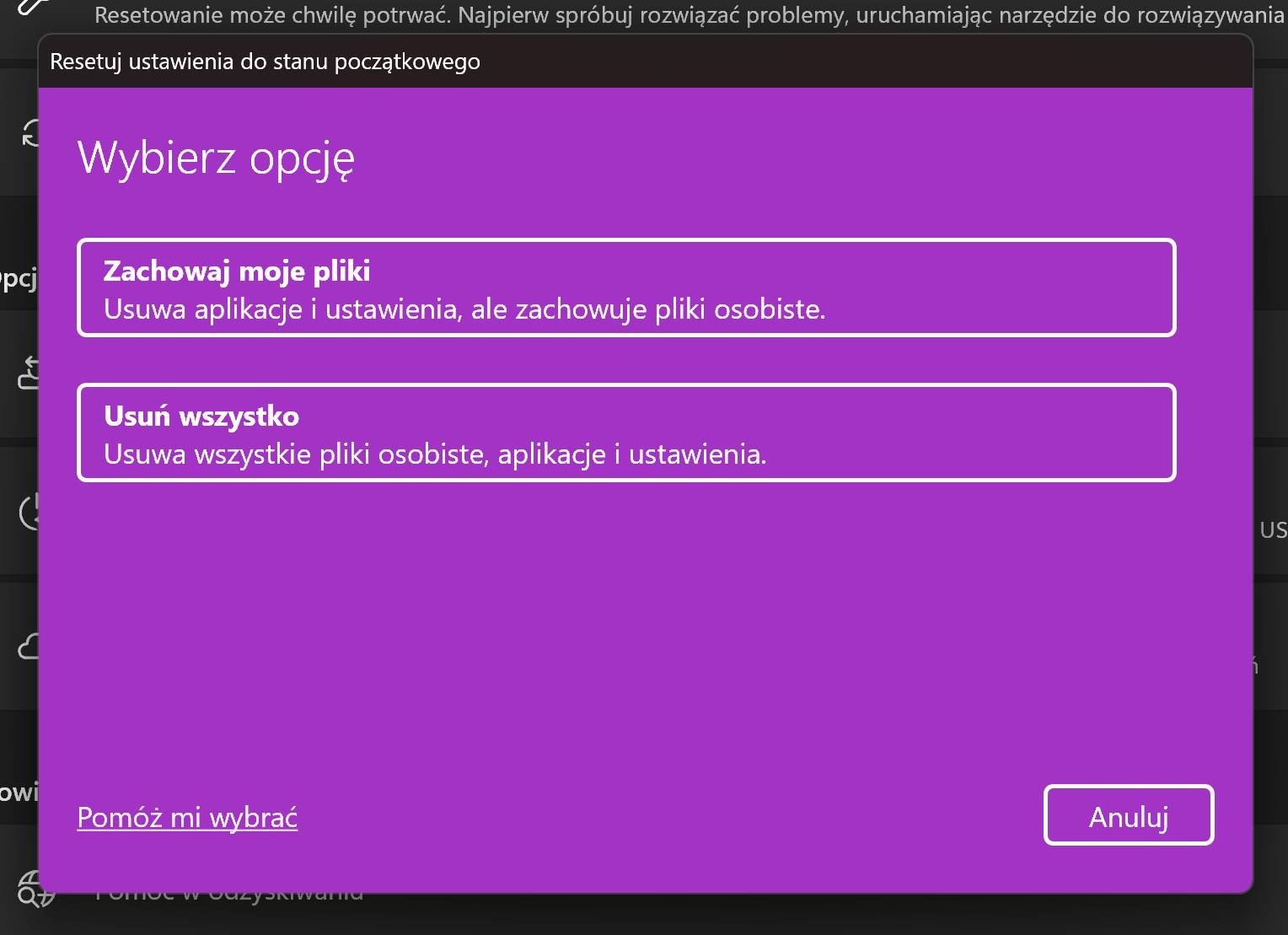 Opcje resetowania komputera do stanu początkowego