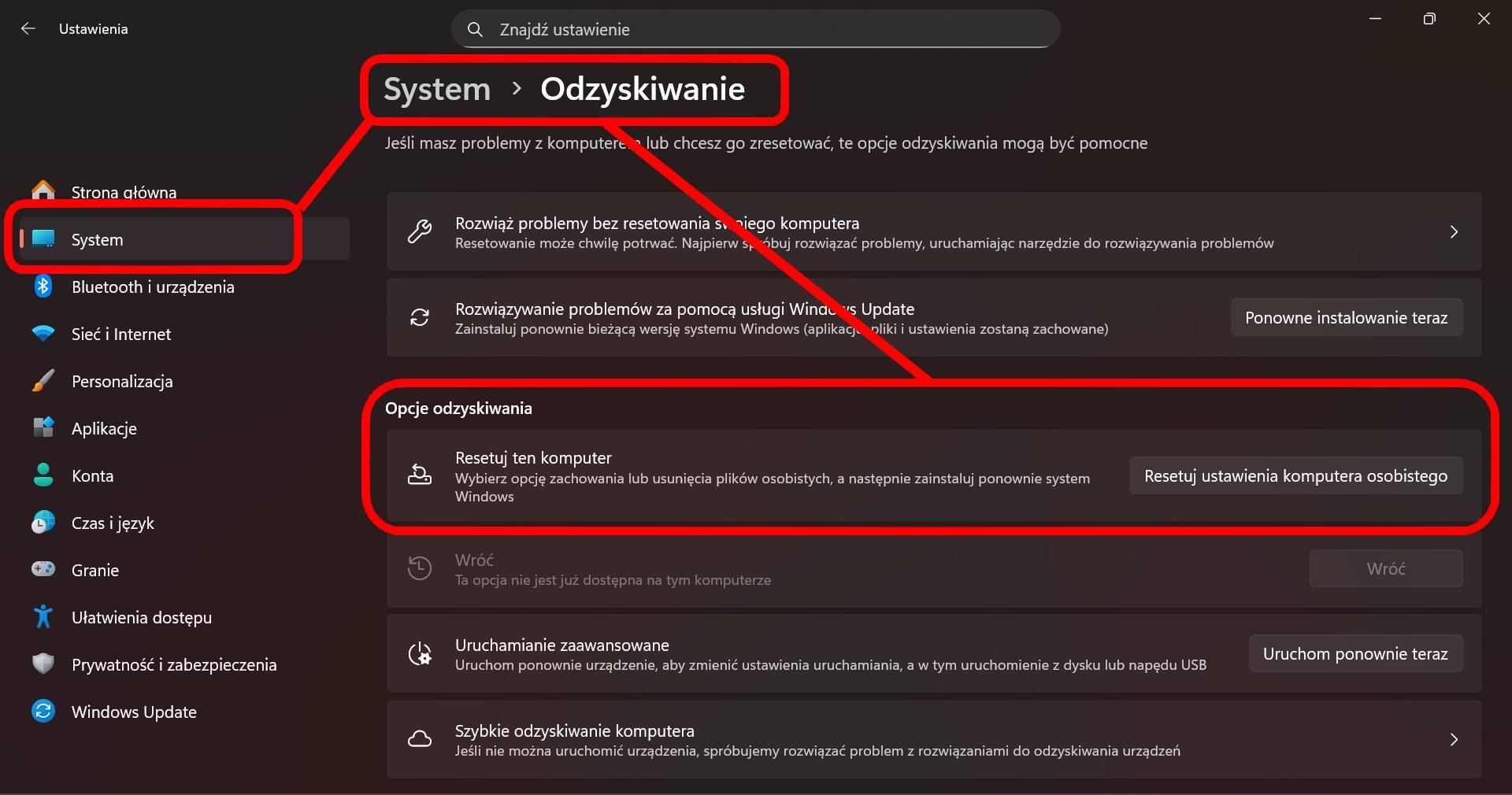 Resetowanie komputera do stanu początkowego w Windows 11