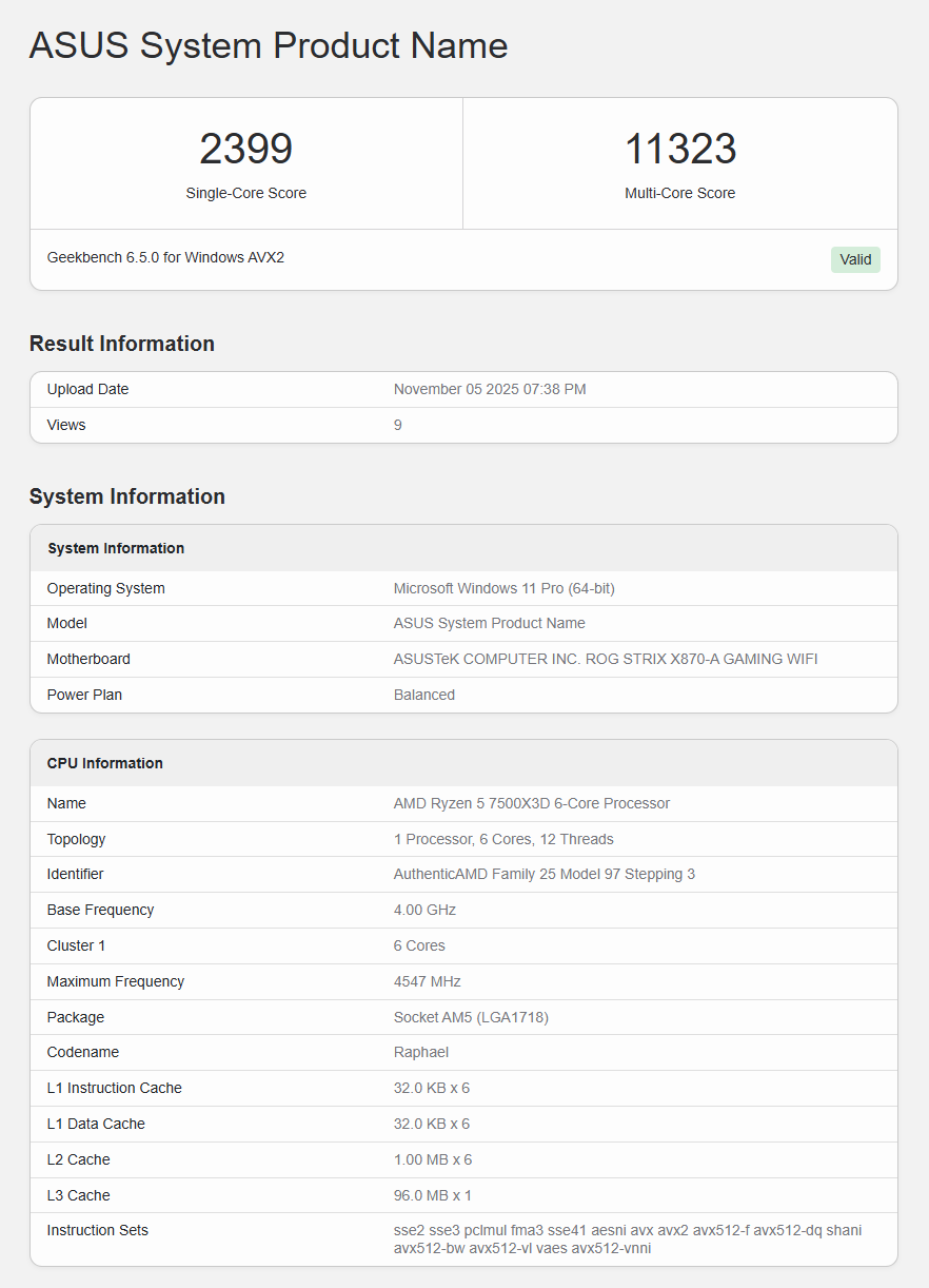 Ryzen 5 7500X3D Geekbench