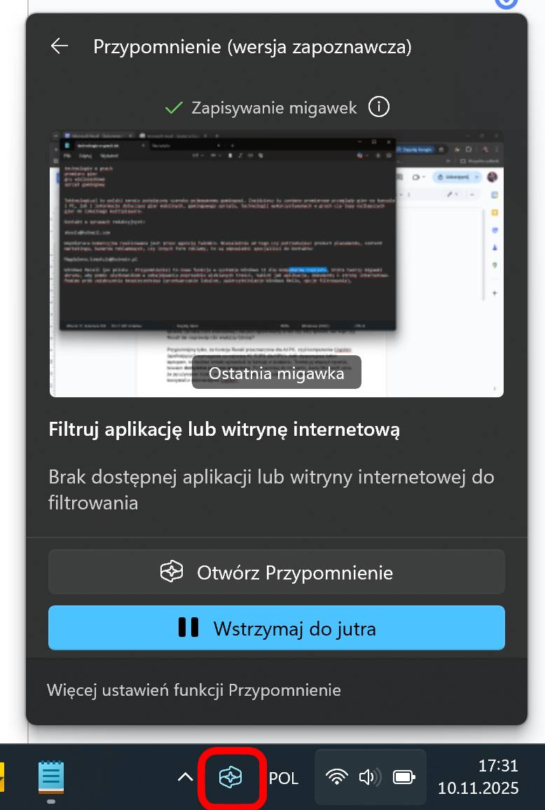 Recall na pasku zadań Windows