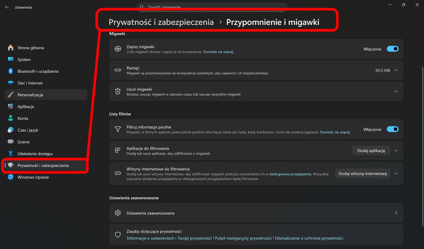 Podstawowe ustawienia Recall