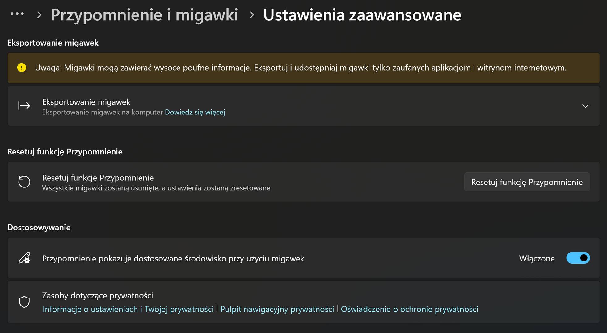 Recall ustawienia zaawansowane