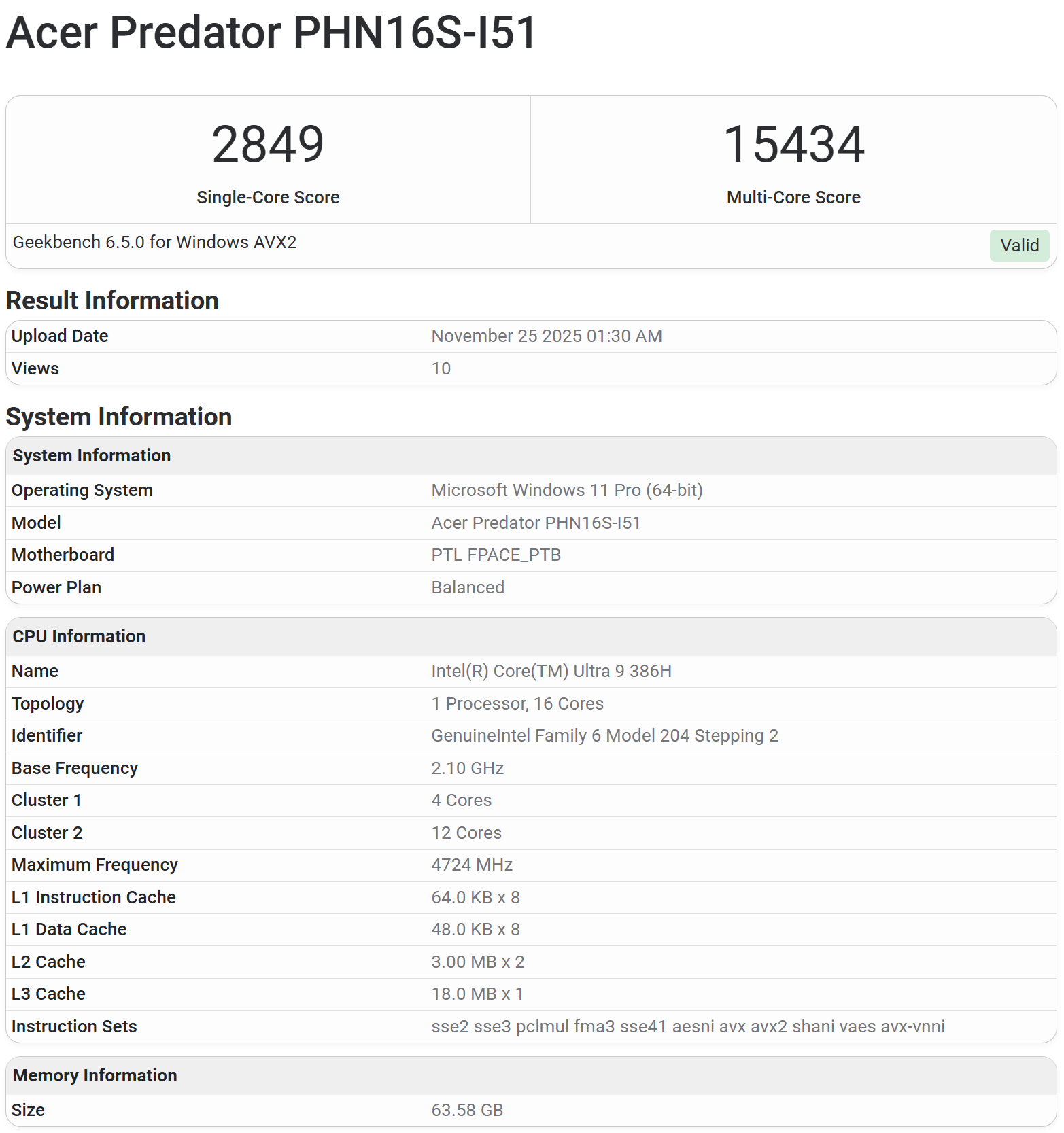Intel Core Ultra 9 386H w Geekbench