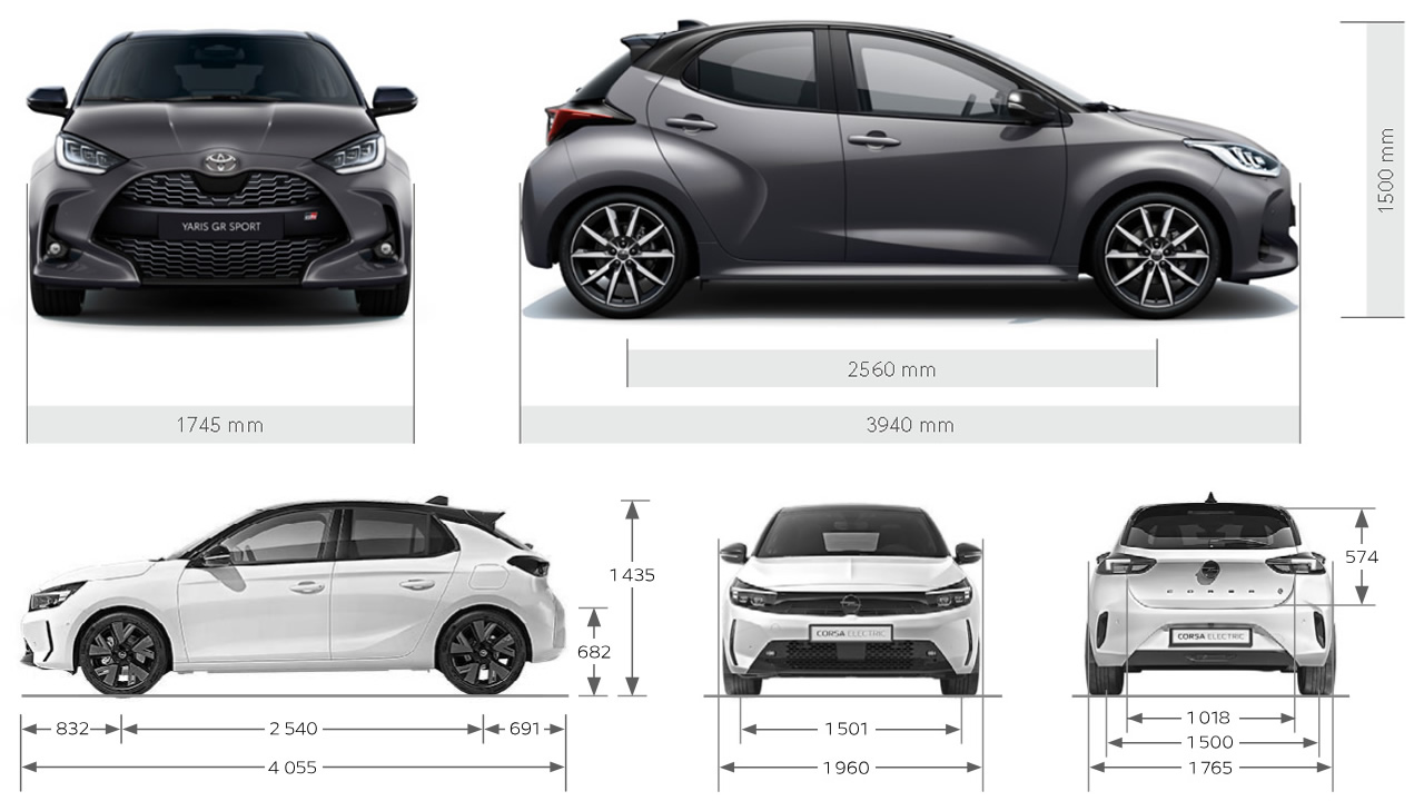 Toyota Yaris HEV i Opel Corsa Turbo Hybrid - wymiary