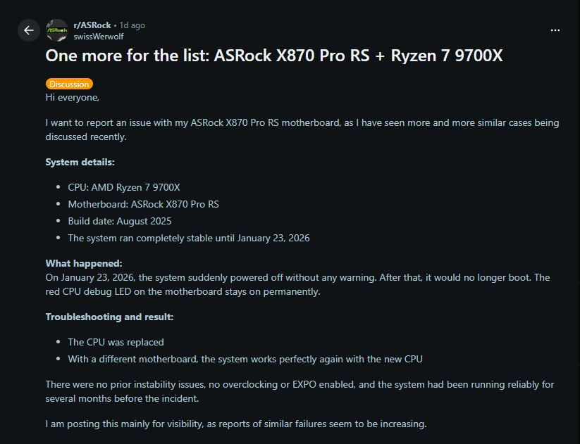 Pięć kolejnych przypadków awarii procesorów Ryzen 9000 na płytach ASRock