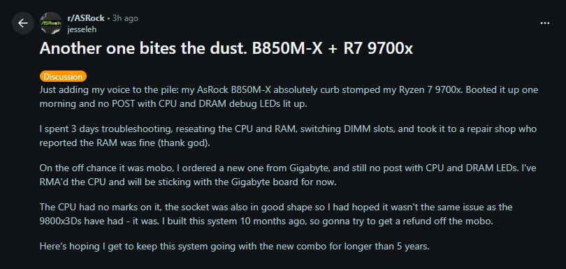 Pięć kolejnych przypadków awarii procesorów Ryzen 9000 na płytach ASRock