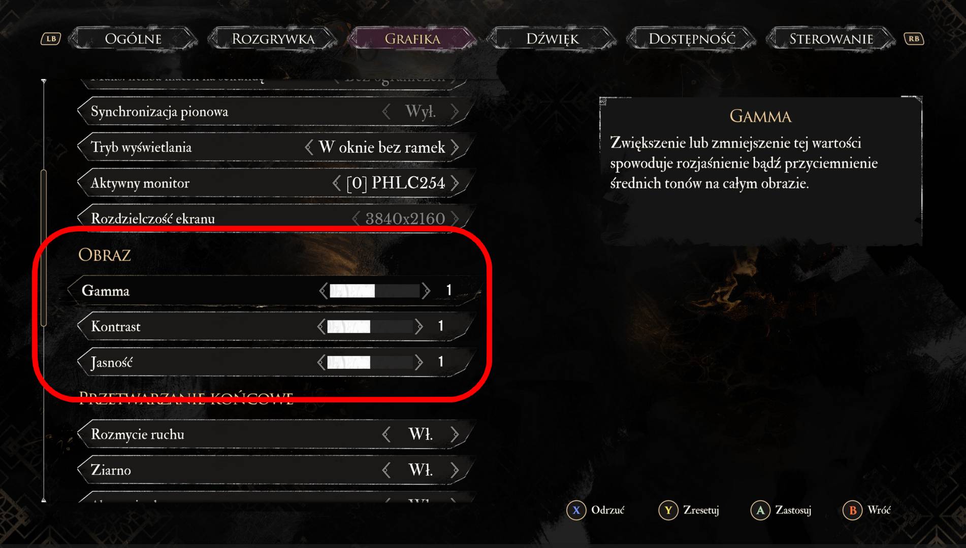 Regulacja w menu gry