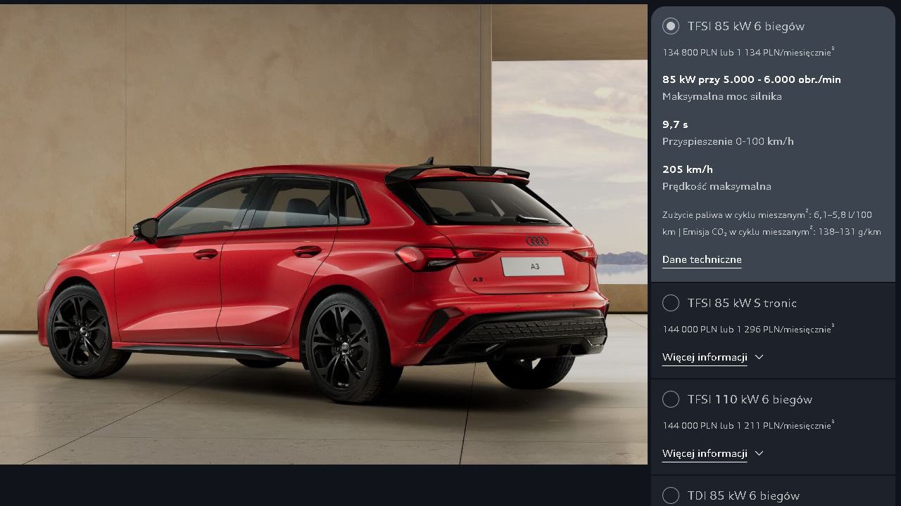 Bogato z zewnątrz wyposażone Audi A3 z podstawowym wnętrzem i układem napędowym