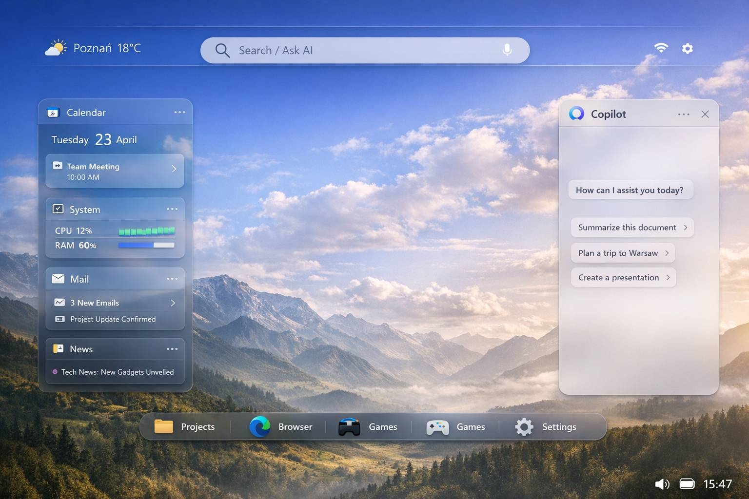 Wizualizacja pulpitu Windows 12 wedle ChatGPT