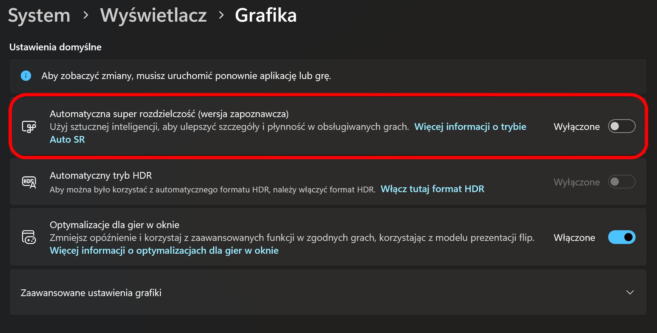 Włączenie Auto SR w ustawieniach grafiki