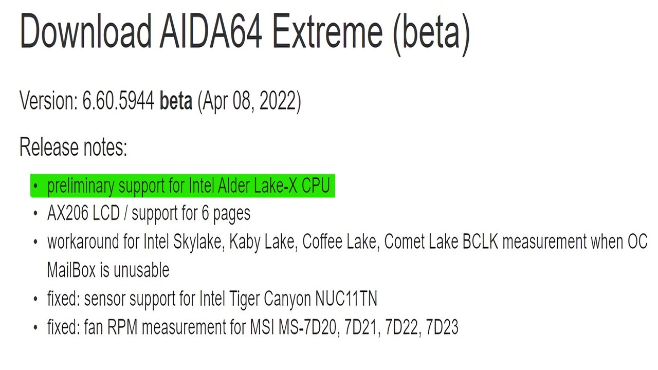 Intel Alder Lake-X w AIDA64 Extreme