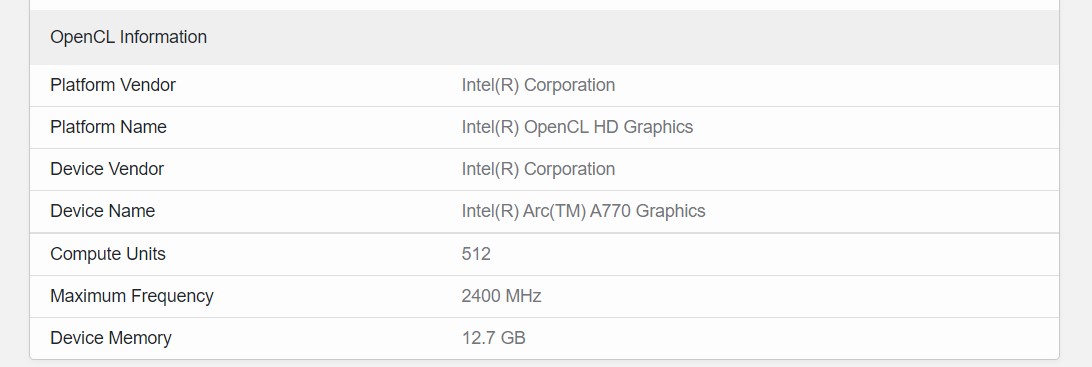 Intel Arc A770 specyfikacja w Geekbench 5