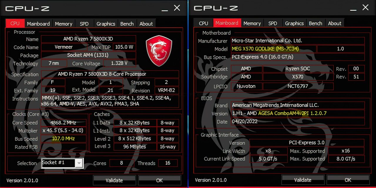 Podkręcony Ryzen 7 5800X3D w CPU-Z