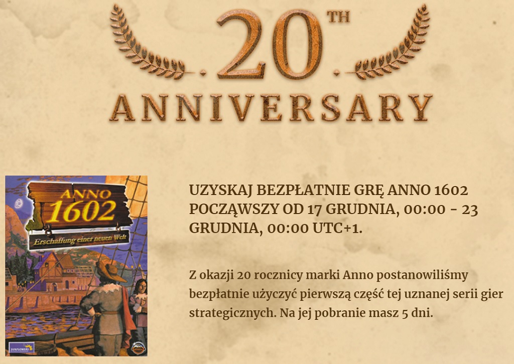 Anno 1602 za darmo na Uplay z okazji 20-lecia serii