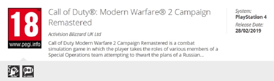Call of Duty: Modern Warfare 2 Remastered dostrzeżony w bazie PEGI