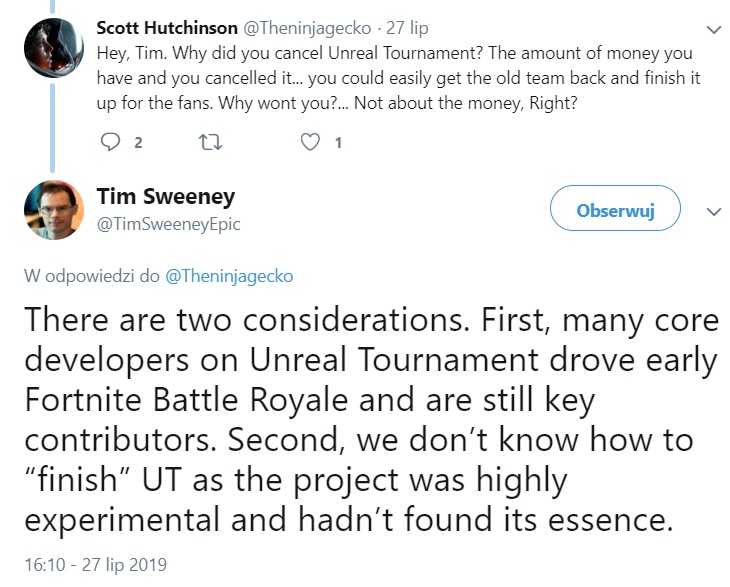 Co dalej z Unreal Tournament? Szef Epic Games nie ma dobrych wieści